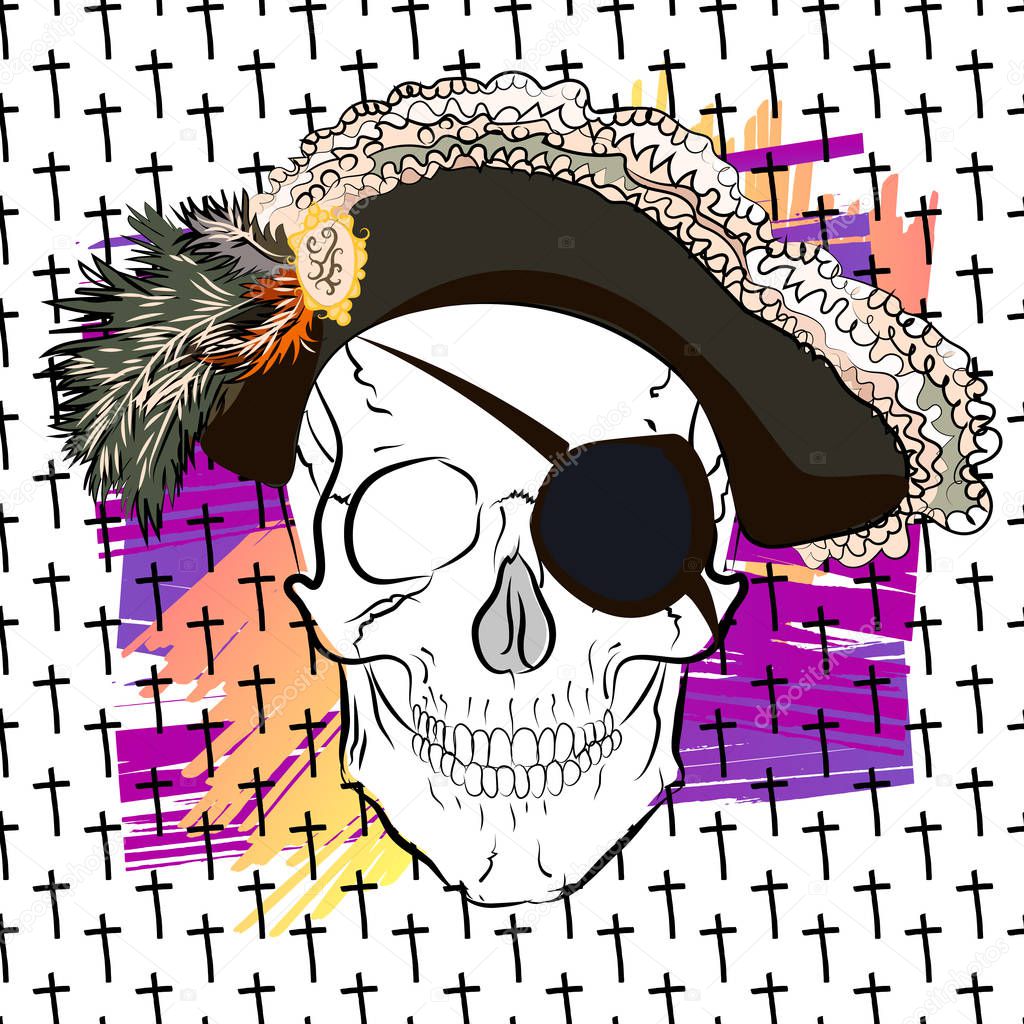 Skeleton in hat. Pirate for fashionable t-shirt or print for pirate party. Skull vector illustration.