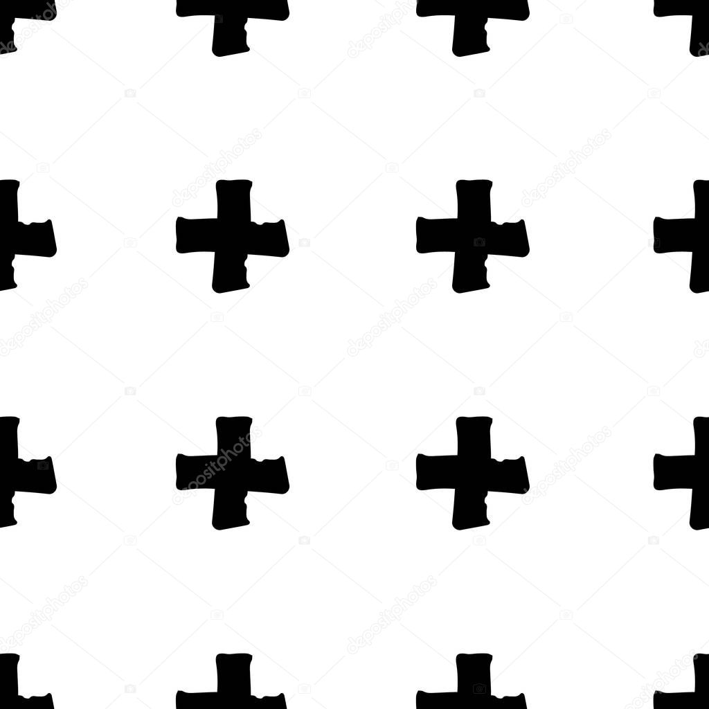 Seamless pattern drawn by ink. Black crosses as tags.