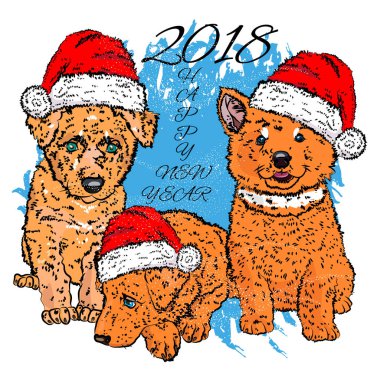 Üç sarı yavru ile yeni yıl kartı. Vektör çizim Eps 10.