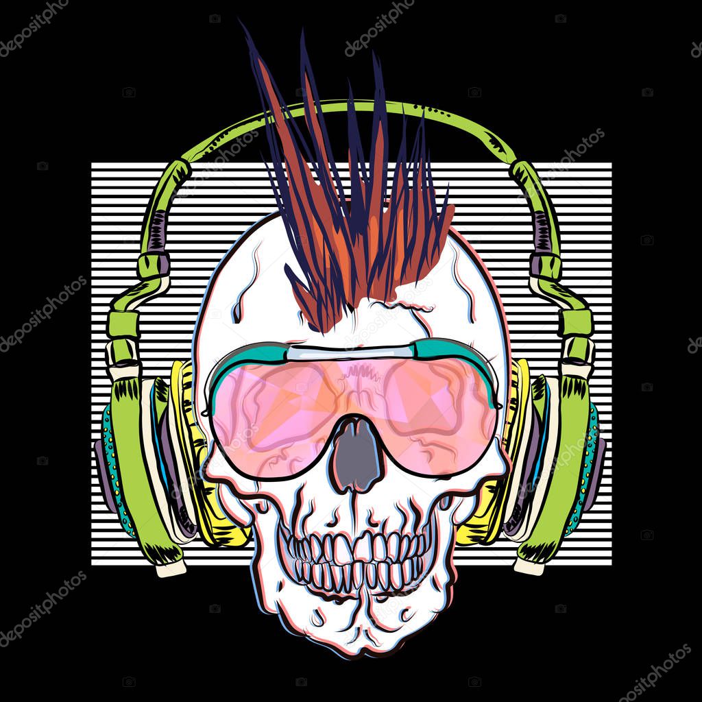 Cool musical print with skull. Generation 70s. Reflection of punk culture. Trendy pattern for t-shirt.
