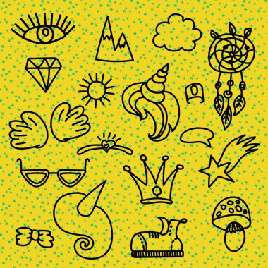 Simgeler siyah keçeli kalemle çizilmiş doodle koleksiyonu. Vektör karikatür komik işareti.