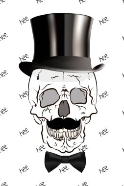 Üst şapka ve papyon kafatası İllüstrasyon. Vektör kafatası izi.