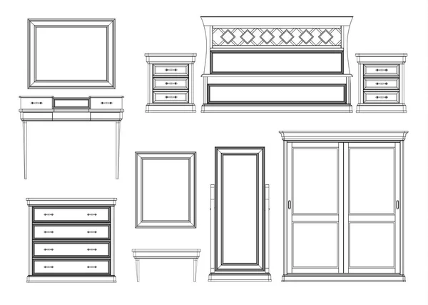 Conjunto Quartos Desenhos Lineares Móveis Vetor — Vetor de Stock