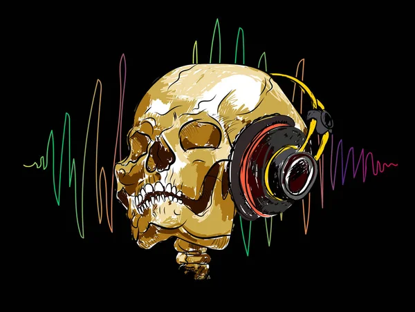 Calavera Dibujada Auriculares Sobre Fondo Onda Sonora Ilustración Vectorial Eps10 — Vector de stock