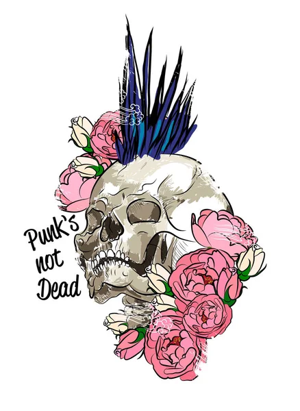 Calavera Rosas Con Mohawk Eslogan Punk Está Muerto — Vector de stock