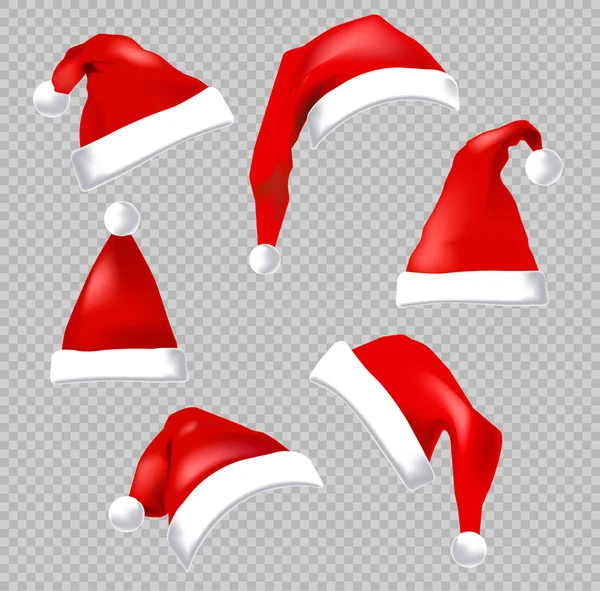 Set Realistic Santa Claus Hats Isolated Transparent Background — Stock Vector