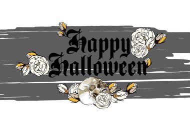 Kafatası ve kuru güller ve Cadılar Bayramı etkinlikleri için bir yazıt ile Afiş.