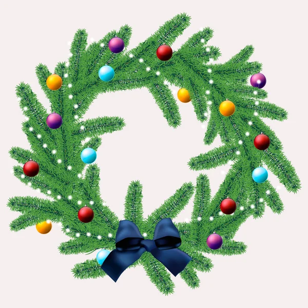 Julkrans Gran Grenar Dekorerade Med Blå Rosett Och Julbollar — Stock vektor