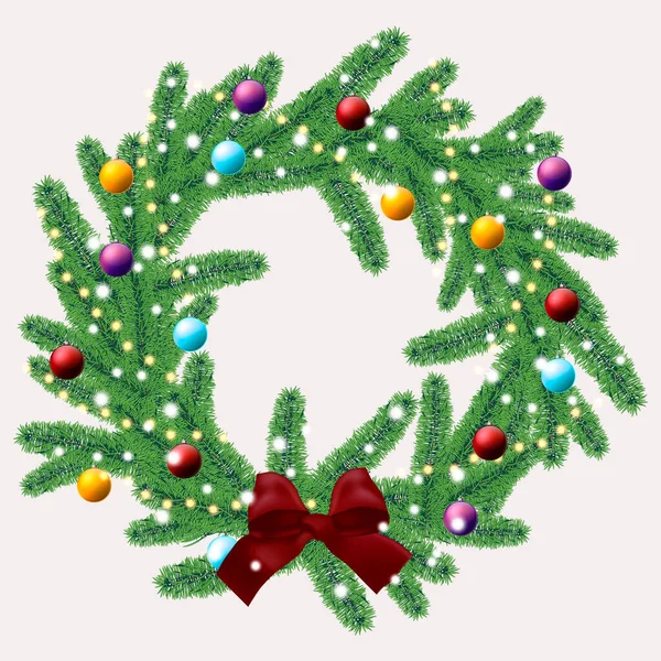 Couronne Noël Branches Épinette Ornée Arc Rouge Boules Noël — Image vectorielle