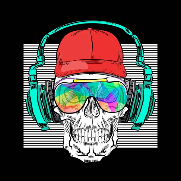 Cráneo Auriculares Gorra Roja Moda Impresión Fresca — Vector de stock