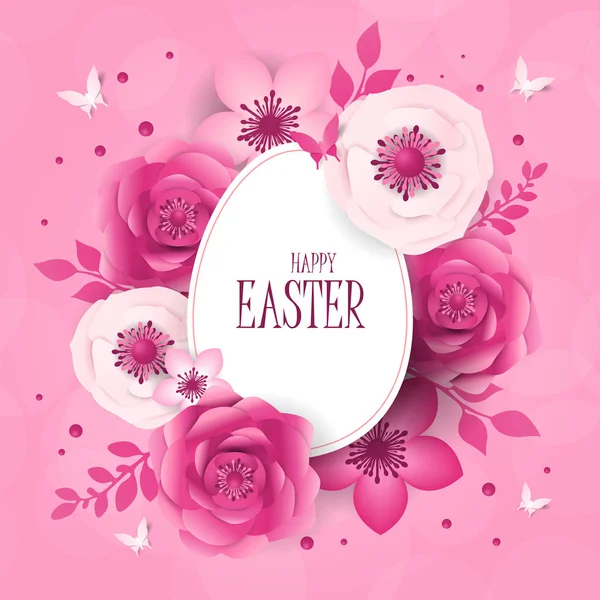 Happy Easter day design with frame egg and flowers. — Stock Vector