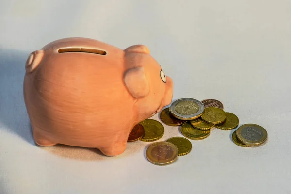 piggy bank in front of which are coins
