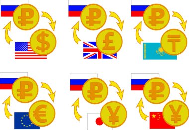 Döviz Alım Satım simgeler (dolar, euro, tenge, Rublesi, yen, yuan set)
