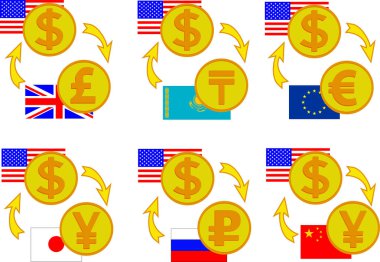 Döviz Alım Satım simgeler (dolar, euro, tenge, Rublesi, yen, yuan set)