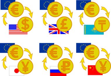 Döviz Alım Satım simgeler (dolar, euro, tenge, Rublesi, yen, yuan set)