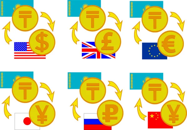 Conjunto Iconos Cambio Divisas Dólar Euro Tenge Rublo Yen Yuan — Archivo Imágenes Vectoriales