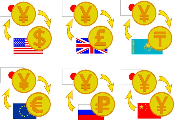 Set Currency Exchange Icons Dollar Euro Tenge Ruble Yen Yuan — Stock Vector