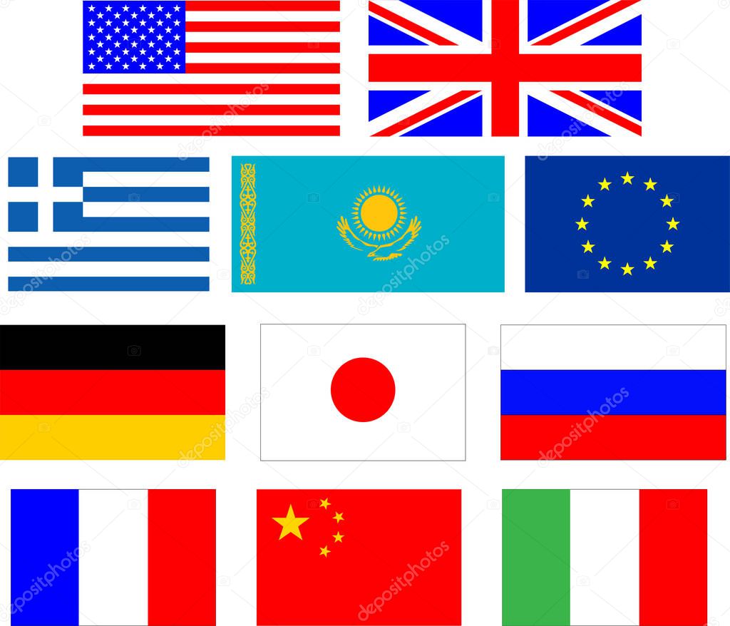 vector set of flags (Usa, Great Britain, Greece, Kazakhstan, European union, Germany, Japan, Russia, France, China, Italy)
