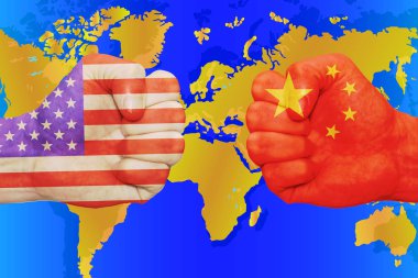 ABD ile Çin bayraklı bir yumruk karşı bayrak yumruk at. Çatışma bir ticaret savaş ve politika sembolü olarak.