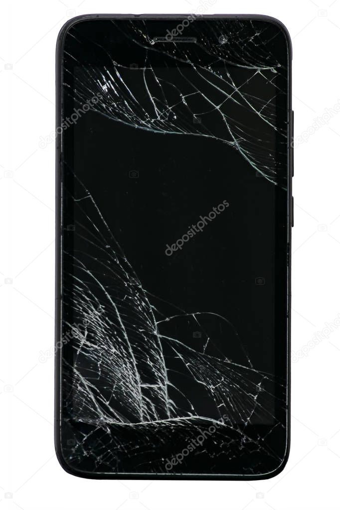 smartphone with a broken screen on a white background. isolate