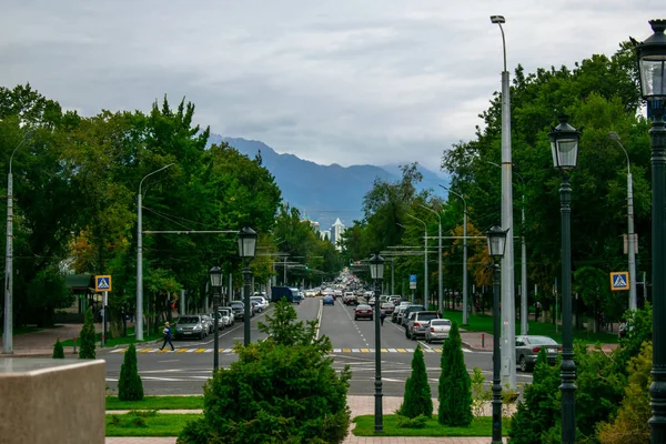 Almat, Kazakistan - 09.06.2019: Almat-2 tren istasyonundan Abylay Khan Bulvarı manzarası.