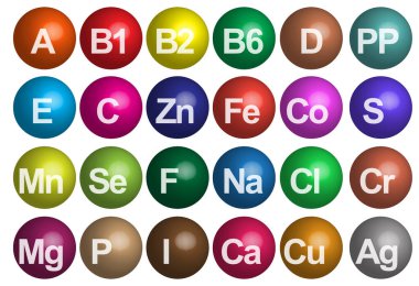 Vitamin ve mineral sembolleri seti.