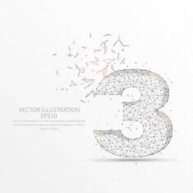 Üç nokta, soyut mash çizgi ve kompozisyon şeklinde dijital olarak çizilmiş kırık beyaz arka plan üzerinde bir bölümü üçgen şekli ve dağınık nokta düşük poli tel çerçeve sayısı.