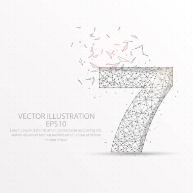 Yedi nokta, soyut mash çizgi ve kompozisyon şeklinde dijital olarak çizilmiş kırık beyaz arka plan üzerinde bir bölümü üçgen şekli ve dağınık nokta düşük poli tel çerçeve sayısı.
