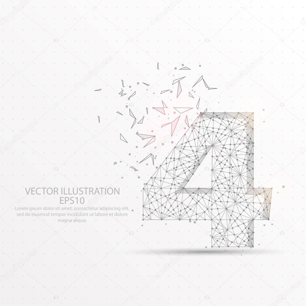 Number four point, abstract mash line and composition digitally drawn in the form of broken a part triangle shape and scattered dots low poly wire frame on white background.