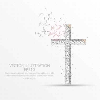 Hıristiyan çapraz soyut kafes çizgisinin ve kompozisyon dijital olarak yıldızlı gökyüzü veya alan kırık şeklinde bir bölümü üçgen şekil ve dağınık nokta düşük poli tel çerçeve çizilmiş.