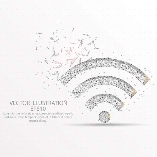 WiFi sinyal soyut kafes çizgisinin ve kompozisyon dijital olarak yıldızlı gökyüzü veya alan kırık şeklinde bir bölümü üçgen şekil ve dağınık nokta düşük poli tel çerçeve çizilmiş.