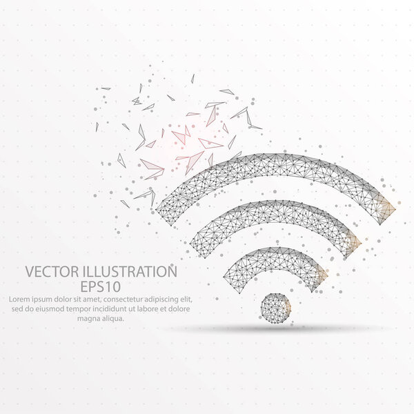 Wifi signal abstract mesh line and composition digitally drawn starry sky or space in the form of broken a part triangle shape and scattered dots low poly wire frame.