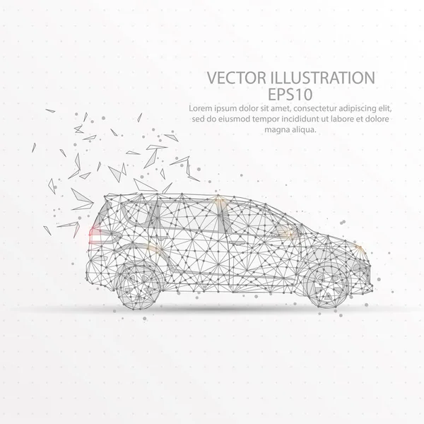 車抽象メッシュ ラインと組成デジタル星空と描画壊れたのフォームの領域をその三角形の形状と散乱ドット低温ポリのワイヤー フレーム — ストックベクタ