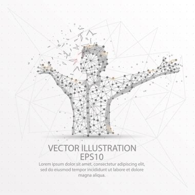 Mutlu bir adam formu kafes çizgisinin ve kompozisyon şeklinde dijital olarak çizilmiş bir bölümü üçgen şekil ve dağınık nokta düşük poli tel çerçeve kırık.