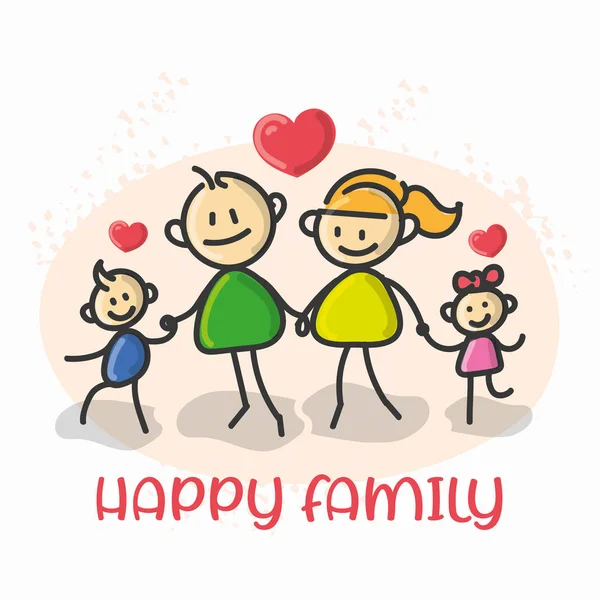 Doodle Cartoon Figuur Gelukkige Familie Samen Ouder Kinderen Met Liefde — Stockvector
