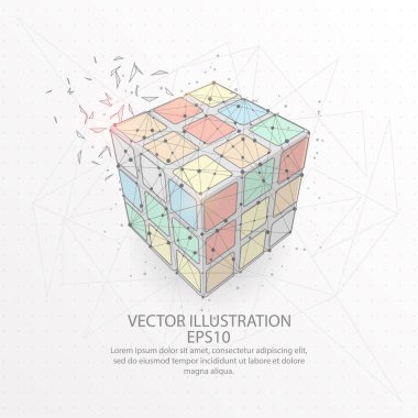 Rubik küpü beyaz arka plan üzerinde düşük poli tel çerçeve formu.