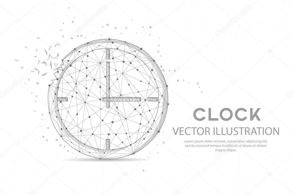 Clock timer digitally drawn in the form of broken a part triangle shape and scattered dots low poly wire frame.