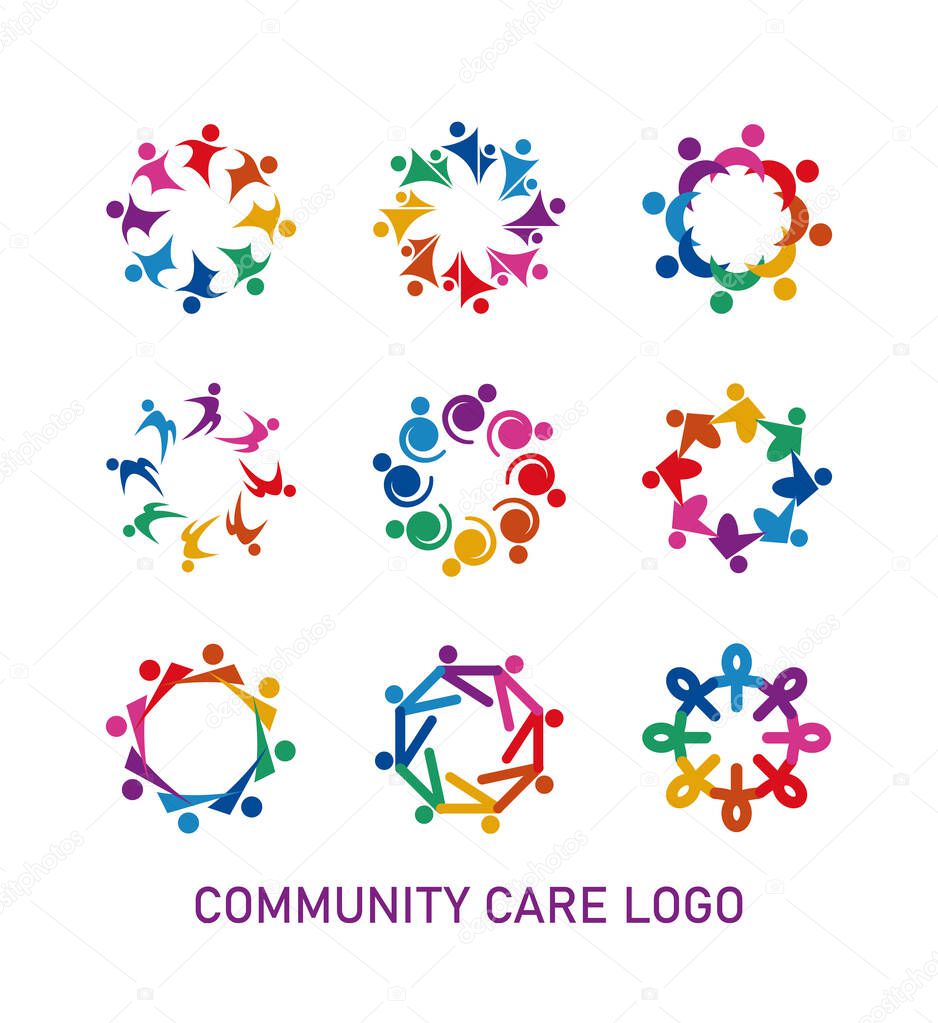 Set of colorful social community care logo icon on white background.