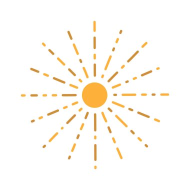 Sanatsal turuncu güneş patlaması elementi beyaz arkaplanda düz stil çizimi izole etti.