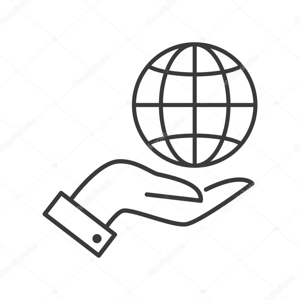 World globe on palm hand icon isolated flat style design vector illustration on white background.