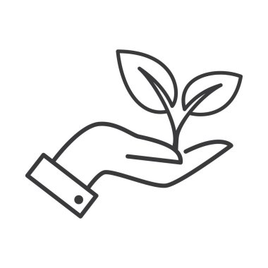 Ana hatlar, beyaz arka planda çevre koruma ikonu vektör illüstrasyonunun bir işaretinde bitki bırakır.