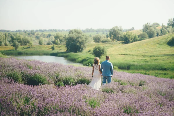 年轻美丽的新婚夫妇走在薰衣草领域 — 图库照片