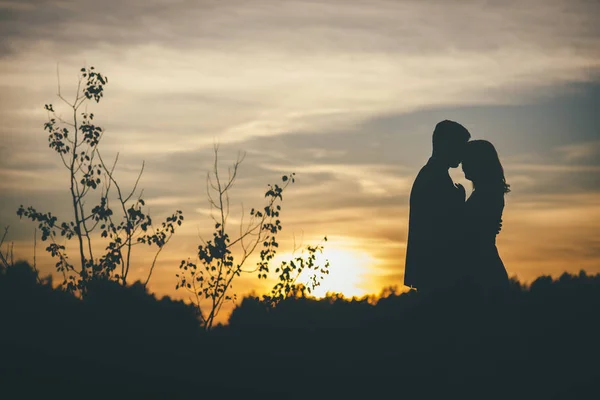 Milující svatební pár objímání sihouette západ slunce — Stock fotografie