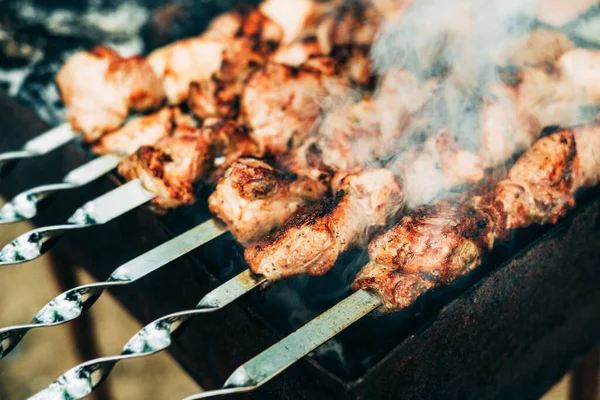 Brunrostade Spett Fläskkött Kolgrill Rök Fotot Närbild Matlagning Bål Naturen — Stockfoto