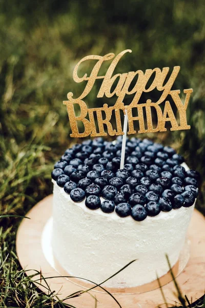 Bela coalhada festiva bolo de crianças com mirtilos com a inscrição Feliz Aniversário — Fotografia de Stock