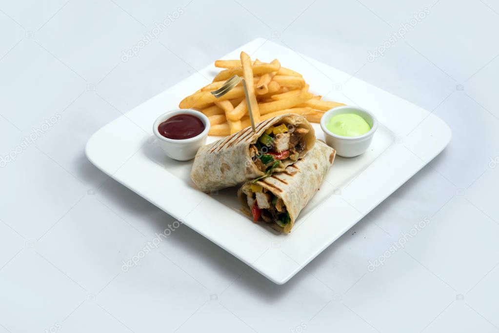 A low contrast Hero shot of a Chicken Pimiento sandwich with samurai & alger sauce & fries on the side, on a minimal white background with a 30 degree angle from diagonal perspective