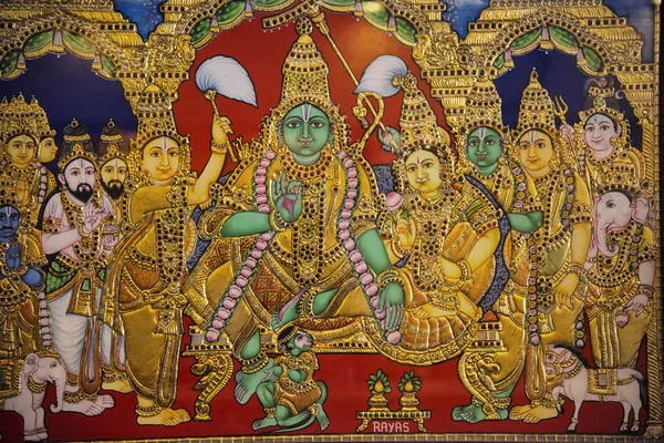 Tanjore 绘画是最受欢迎的古典南印度绘画形式之一 印度坦贾武尔绘画的致密成分 表面丰富度和鲜艳的色彩区别于其他 — 图库照片