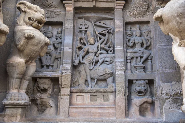 Carved idol on the inner wall of the Kanchi Kailasanathar temple, is the oldest structure, it is a Hindu temple in the Dravidian architectural style Kanchipuram, Tamil Nadu, India