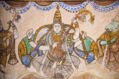 Saraswati iç Nayaka resmini duvarına Kuzey cloister mandappa. Brihadishvara Tapınağı, Thanjavur, Tamil Nadu