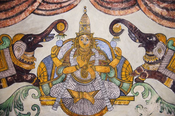 Nayaka 绘画 Gajalakshmi 在修道院 mandappa 的里面墙壁。Brihadishvara 寺, 坦贾武尔, 泰米尔纳德邦 — 图库照片